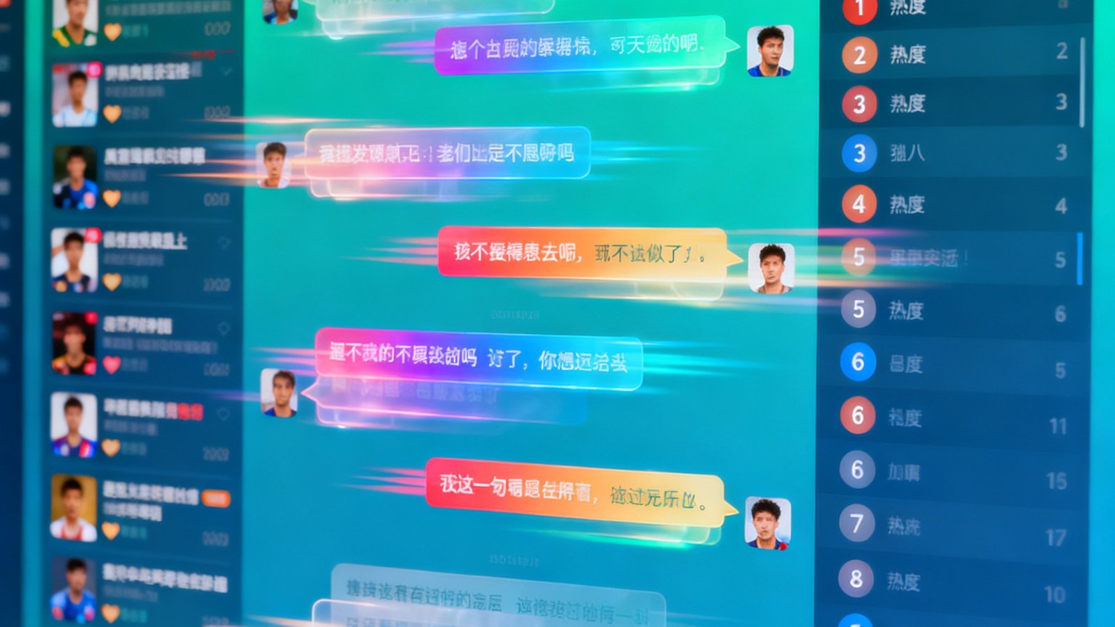 球迷社区讨论区界面，展示热门讨论帖列表和直播间实时聊天弹幕效果，多条彩色弹幕从屏幕上方飘过，右侧是热门帖子排行榜
